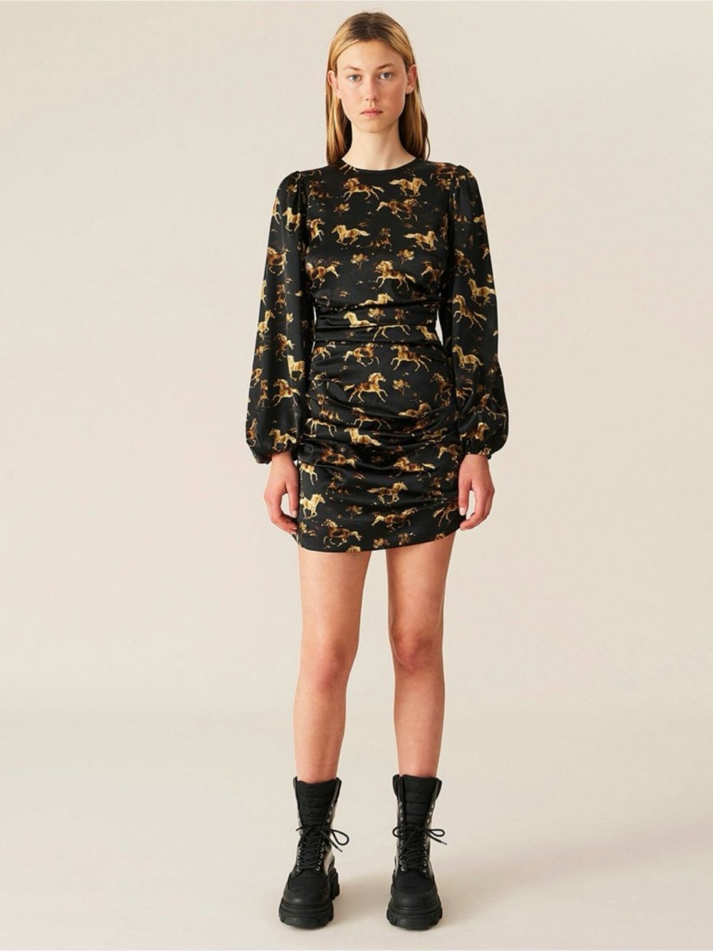 GANNI 38/6 Black Silk Blend  Ruched Mini Dress Horse Print Black Gold